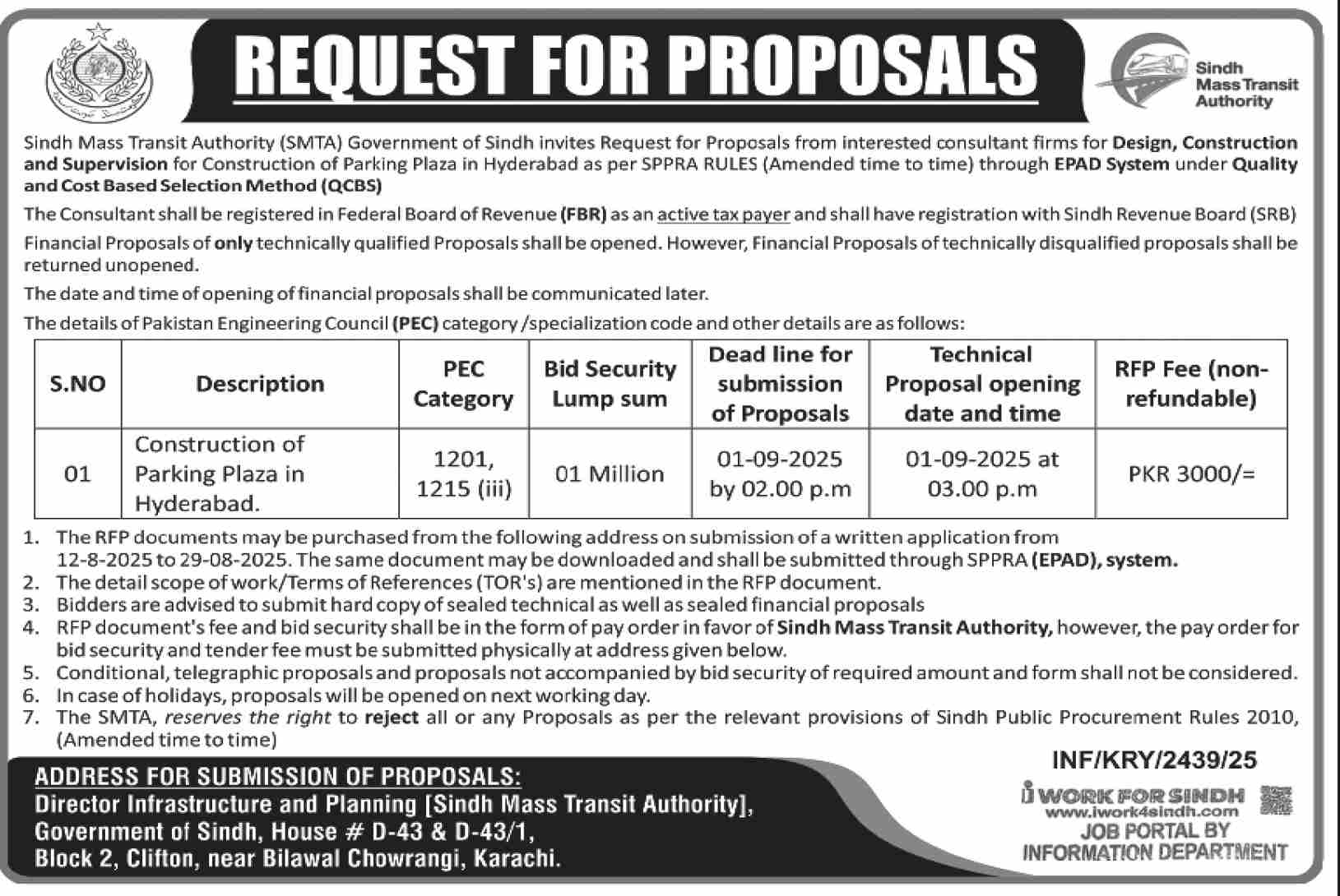 Sindh Mass Transit Authority Hyderabad Tender Notice
